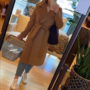 Long camel wool coat with belt